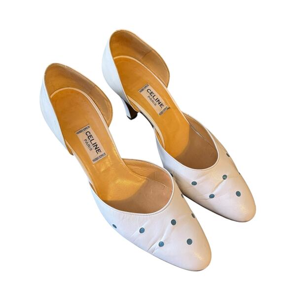 Vintage Celine Paris Size 8 White Pumps with Blue Polka Dots - Picture 2 of 8